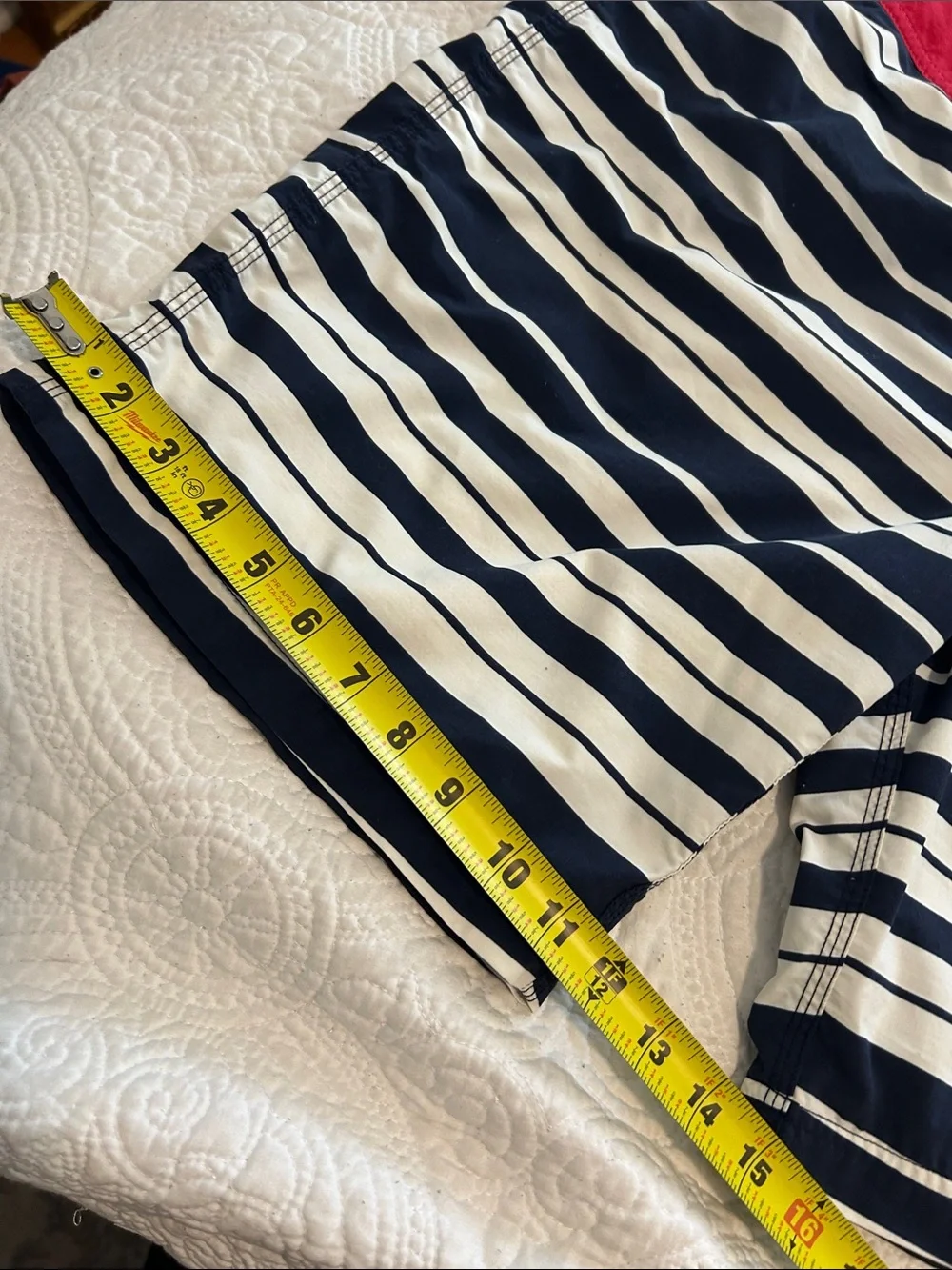 J. Crew Navy and White Striped Swim Trunks with Red Waistband Size 34